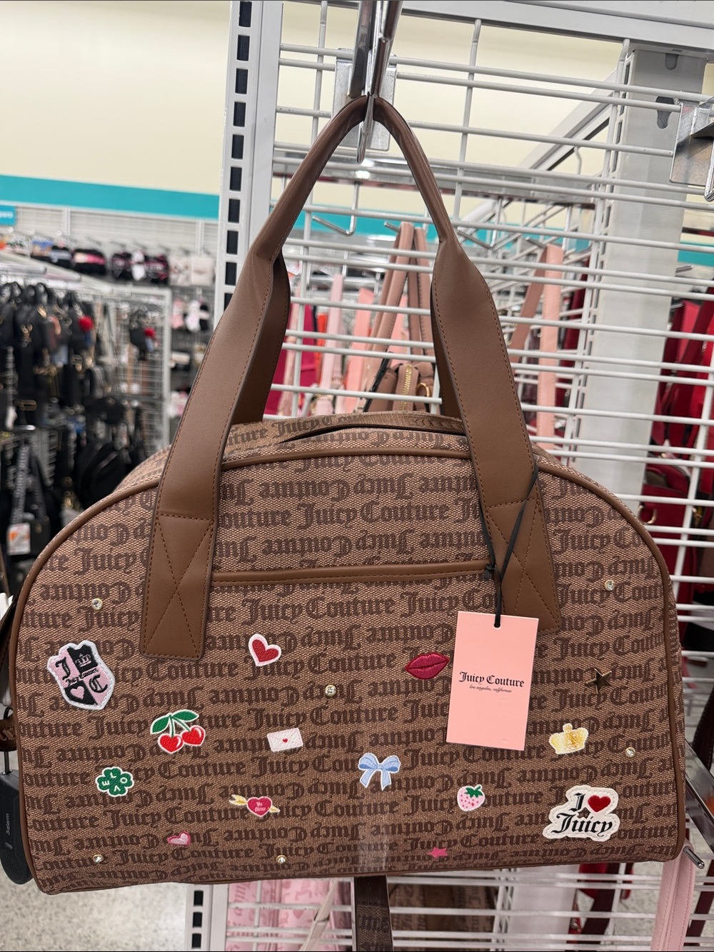 Juicy Couture Brown Logo Travel Duffel with Embroidered Patch Accents